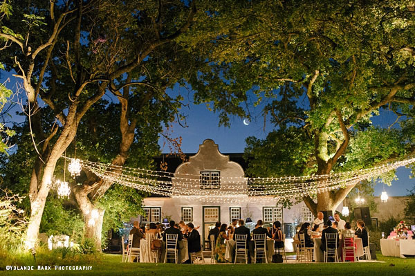 Wedding reception under fairy lights at Hawksmoor House, Stellenbosch