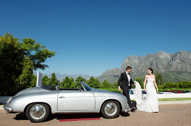 Zorgvliet Wine Estate Wedding Venue Stellenbosch Couple Shoot with Car