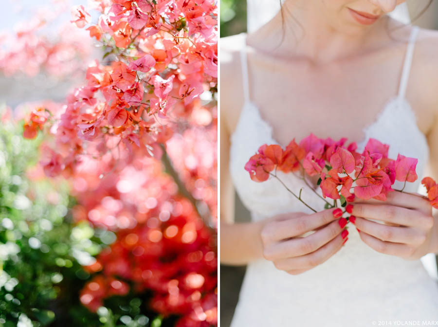 The bride and her pink bougainvillea wedding flowers