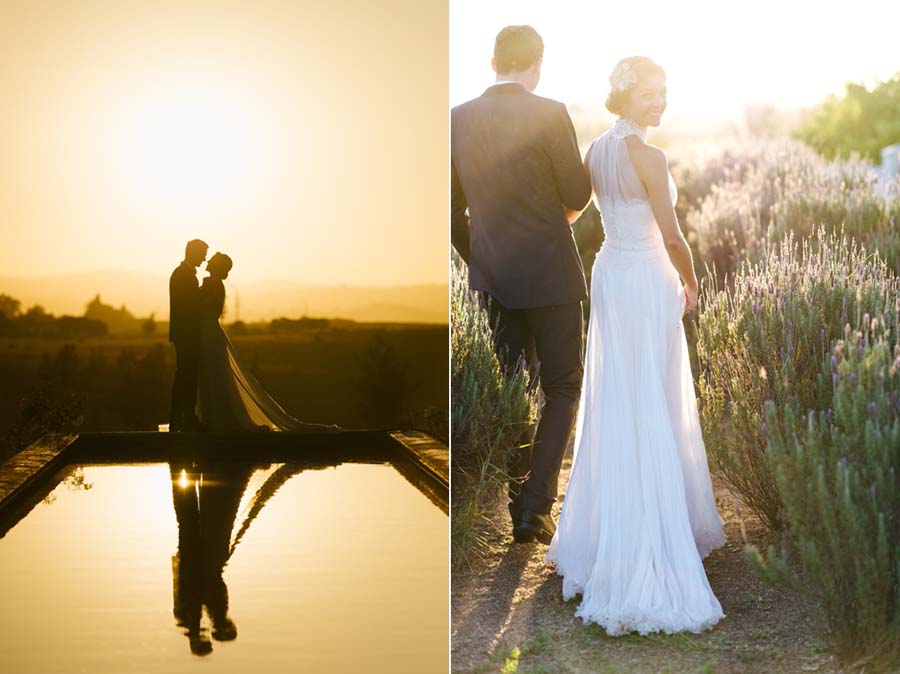 Wedding couple photographs with a setting sun